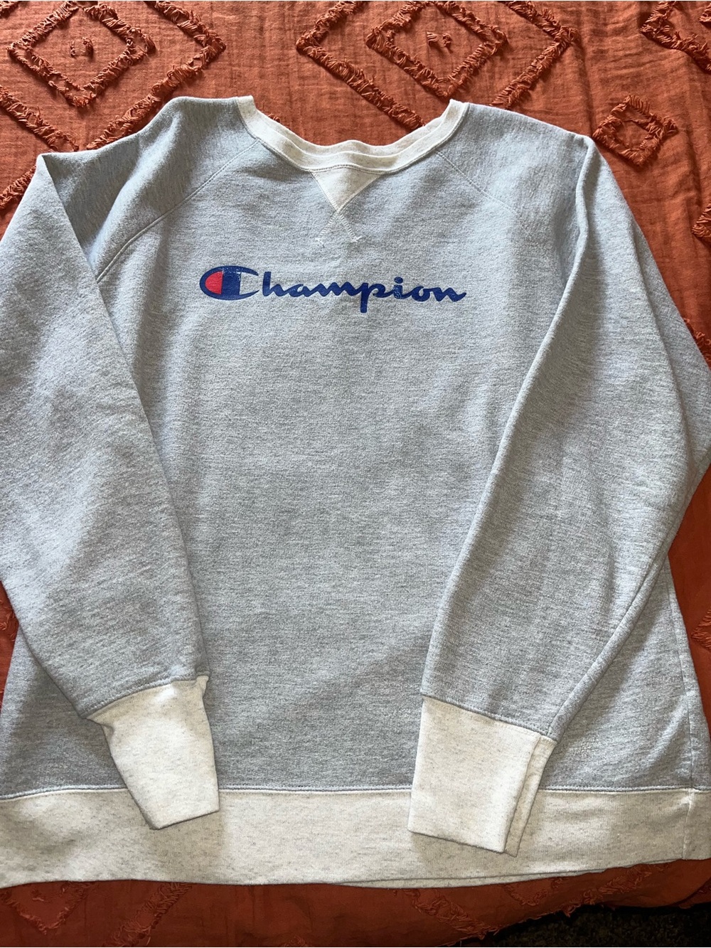 Champion Light Gray Crewneck Sweatshirt with Blue & Red Logo